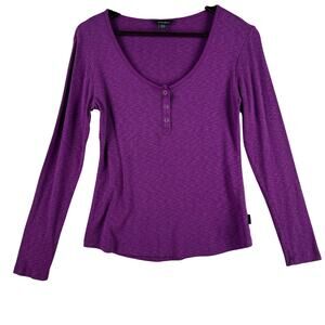 Eddie Bauer Womens Soft Ribbed Scoop Snap Henley S Royal Plum Purple Long Sleeve